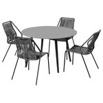 Armen Living - Sydney and Clip Outdoor Patio 5 Piece Dining Set Gray Rope Black Eucalyptus Wood - Dine alfresco with friends and family by gathering around the Sydney and Clip Outdoor Patio 5 Piece Dining Set in Rope with Black Eucalyptus Wood from Armen Living. Constructed from eucalyptus wood and a grey super stone top, this table is a modern addition that easily fits into any dining space indoor or outdoor. The round patio dining table features sleek tapered wood legs that allow for ample leg room. One of the best reasons to choose Eucalyptus wood for your outdoor furniture or four-seasons porch is that it is exceptionally resistant to decay and rot. It naturally resists the influence of moisture because of the high oil content it naturally contains. That means it can get damp without you worrying about whether damage will occur. It can withstand several different outdoor elements while lasting for many years if it receives proper care. The intricately woven rope featured on the durable metal frame of the Clip chairs form to offer you extreme comfort and relaxation. These outdoor dining chairs are wrapped in resilient regatta rope cording, providing supple support while still allowing for element passthrough.  - also enhancing your seating experience with a softness that rivals most fabrics. Each chair is made with the best craftsmanship, with these chairs standing on top of durable metal legs in a black finish for a modern look. Defined by functional simplicity and timeless beauty, the dining table delivers a harmony of natural textures to complement any outdoor space. Our outdoor dining table measures 47 inches in diameter and remains perfect for entertaining in your patio, backyard, or balcony. The stone top features a 5-layer composite with 2 layers of cement fiberboard surrounding the aluminum honeycomb core. This beautiful tabletop is durable and robust - capable of withstanding inclement weather and everyday wear and tear. The Sydney and Clip patio dining set features a black eucalyptus dining table with grey stone top, and your choice of grey, black, blue, or brick red rope Clip dining chairs.