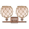 Farmhouse 2-Light Bath Vanity-Light, Antique Copper, White Glass With Brown Rope