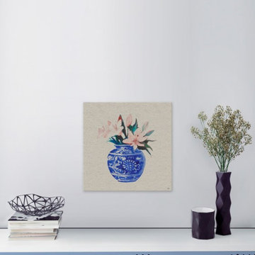 "Peach Flowers in Blue Vase" Painting Print on Wrapped Canvas