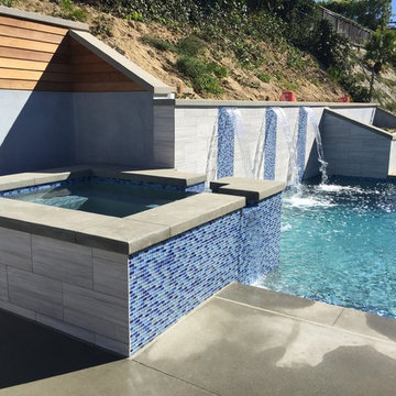 Swimming pool, Hillside, Raised spa, woodwork, retaining walls