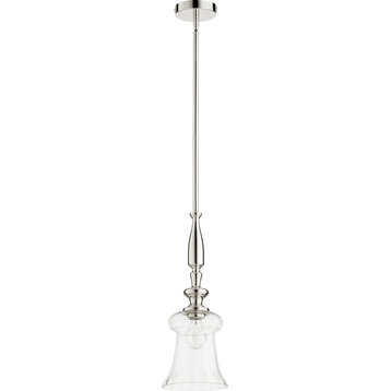 1-Light Clear Glass Pendant, Polished Nickel With Clear