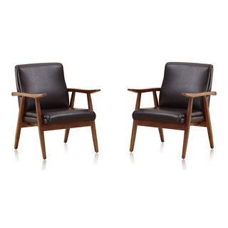 GDF Studio Emerys Beech Wood and Rattan Dining Chair with Faux Leather Cushion, Set of 2, Black