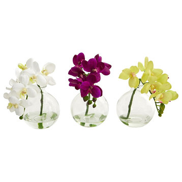 Nearly Natural 9" Phalaenopsis Orchid Artificial Arrangement, Vase, Set of 3