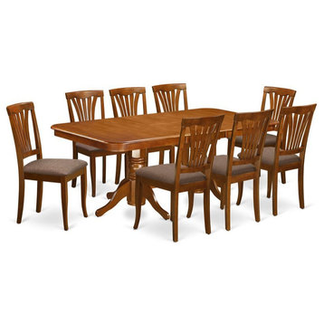 East West Furniture Napoleon 9-piece Dining Set with Fabric Seat in Saddle Brown