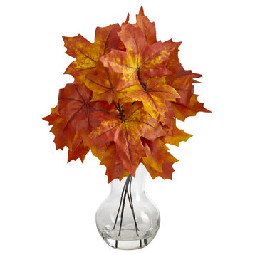 18" Autumn Maple Leaf Artificial Plant, Glass Planter