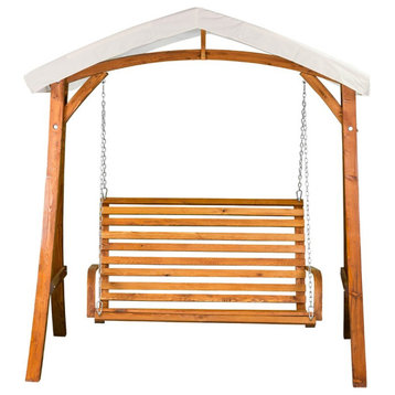 Leisure Season Wood Outdoor Swing Seater with Canopy in Medium Brown