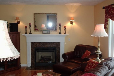 Example of a transitional living room design in Boston