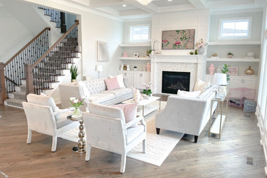 Light wood floor and white floor living room photo in Columbus with white walls and a ribbon fireplace