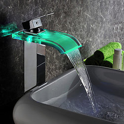Contemporary LED Waterfall Glass Tall Bathroom Sink Faucet - T0822HF - Bathroom Sink Faucets