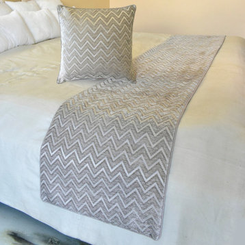 Silver Jacquard Twin 53"x18" Bed Runner With 2 Pillow Cover-Silver Gleam Chevron