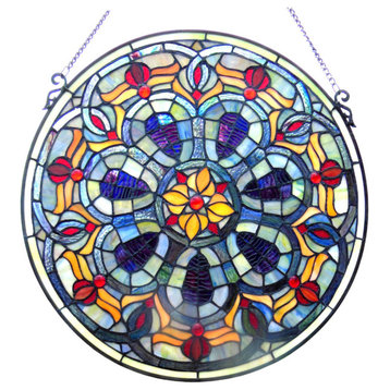 Round Shape Metal Window Glass Panel With Hanging Chain Multicolor
