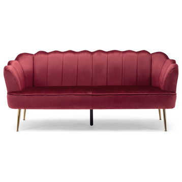 Ohnstad Modern Velvet Channel Stitch 3 Seater Shell Sofa, Berry + Gold