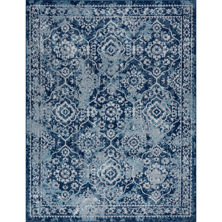 Tiera Transitional Damask Blue & Cream Rectangle Area Rug, 4'x5'