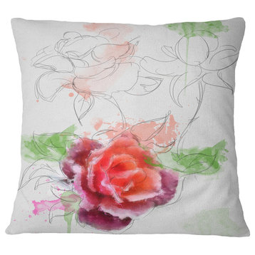 Beautiful Rose With Rose Sketches Floral Throw Pillow, 16"x16"