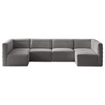 Meridian Furniture - Quincy Velvet Upholstered 6-Piece U-Shaped Modular Sectional, Grey - Show them all that less is more with the minimalist look of this Quincy velvet cloud-like comfort modular sectional. This elegant chair features a simple design that's all about comfort and modern style. The soft grey velvet upholstery is sleek to the touch, and the back of the unit features deep horizontal channel tufting for a look that wows. Because this is a modular seating option, you can pair it easily with other items in the Quincy collection to create a look you love. Latches underneath make it easy to mix and match items from the collection.