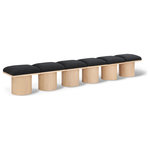 Meridian Furniture - Pavilion Black Boucle Fabric Bench, Black, Natural Finish, 108" W X 15.5" D X 17.5" H - Bring valuable seating and remarkable style to your space with this black Pavilion boucle fabric bench, an exquisite balance of style and usability for the entryway, bedroom, and beyond. Crafted from oak veneer with a natural finish, this bench has a 4-inch-thick seat cushion that's channel-tufted for a touch of luxury. The bench's columnar bases add a dash of art deco design, making it a captivating focal point in any room.