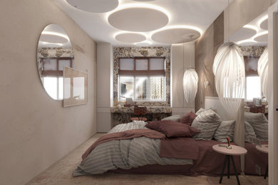 Пример оригинального дизайна: маленькая хозяйская спальня в современном стиле с бежевыми стенами, ковровым покрытием, бежевым полом, многоуровневым потолком, панелями на части стены и акцентной стеной