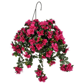 Artificial Fuchsia Azalea in Water Hyacinth Hanging Basket, Natural Water Hyacin