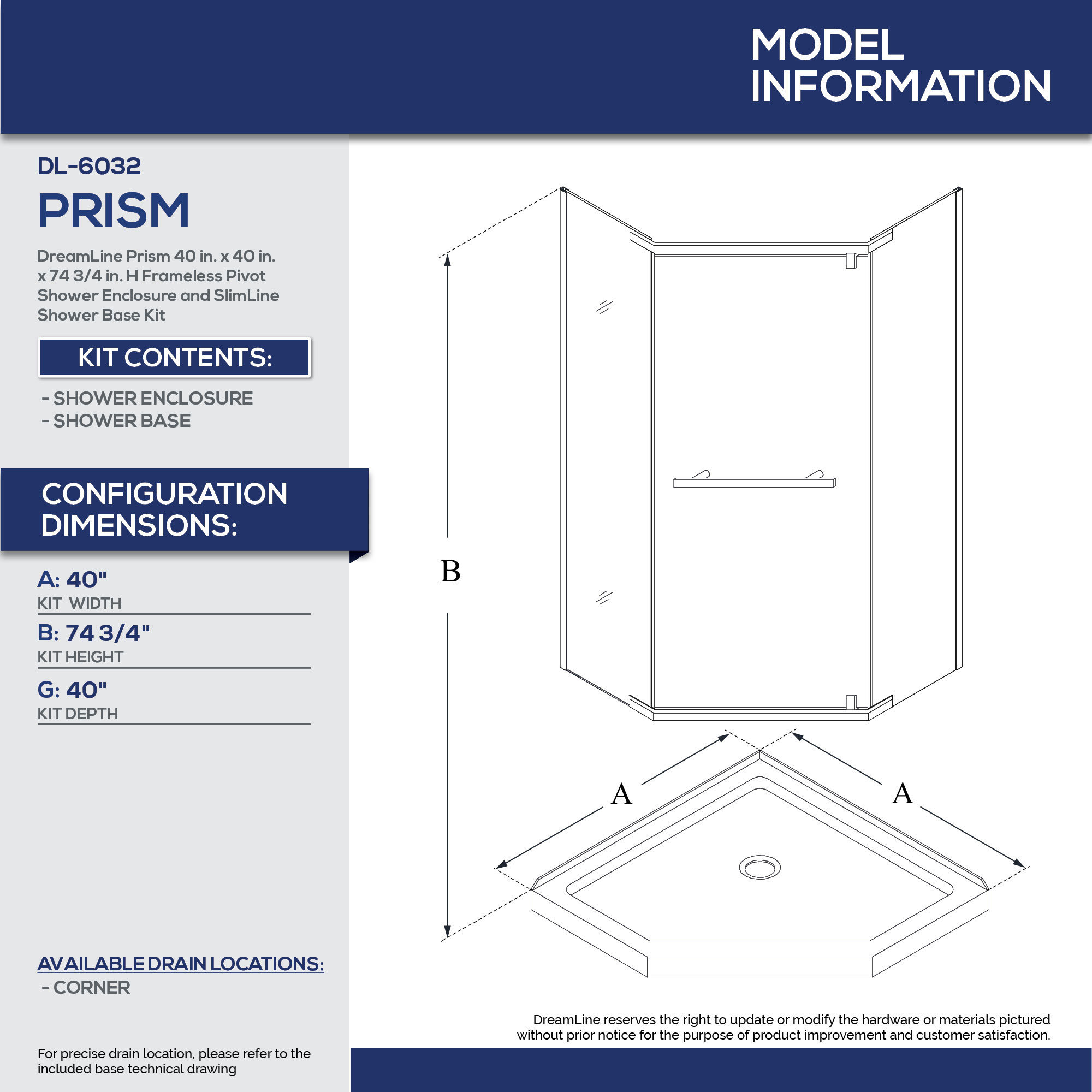 Dreamline Prismframeless Shower Enclosure Slimline 40"x40" Shower Base