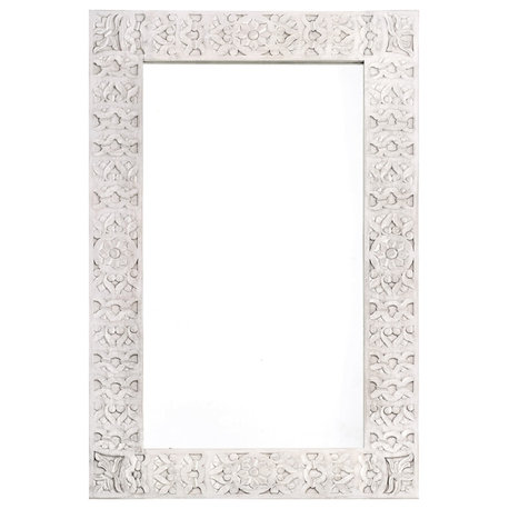 48" Rectangular Whitewash Hand Carved Bohemian Mirror