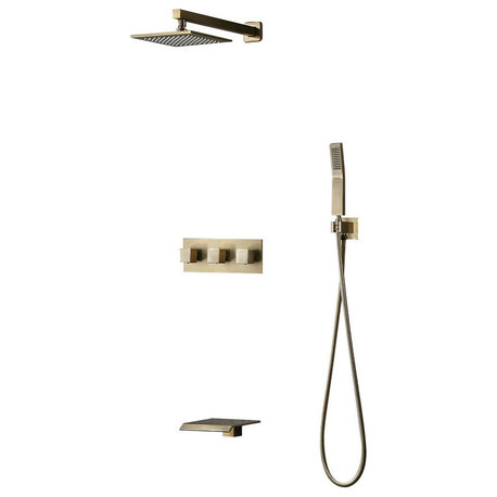 8" Shower System, Brushed Gold 3 Function Shower Fixture, Tub Spout
