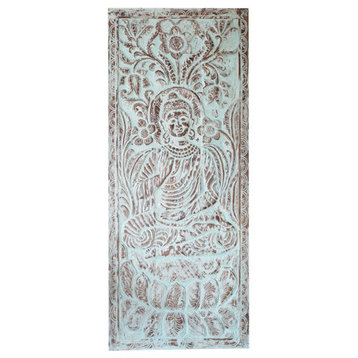 Consigned Bluewash Carved Buddha Barndoor, Wall Art, Sliding Barn Door