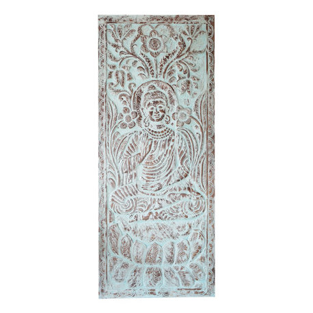 Consigned Bluewash Carved Buddha Barndoor, Wall Art, Sliding Barn Door