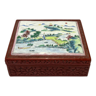 Vintage Chinese Red Resin Lacquer Rectangular Floral Carving Accent Box ...