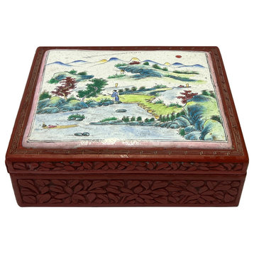 Vintage Chinese Red Resin Lacquer Rectangular Floral Carving Accent Box Hws3010