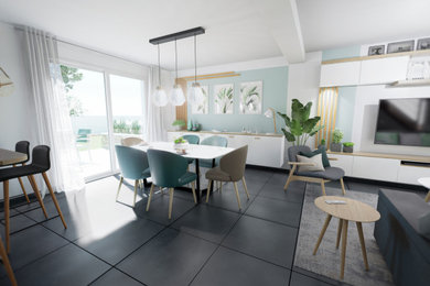 Foto på en stor minimalistisk matplats med öppen planlösning, med gröna väggar, klinkergolv i keramik och grått golv