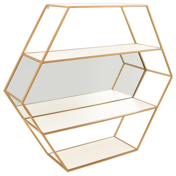 Lintz Hexagon Wall Mirror Shelves, White/Gold 24x28