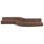 Meridian Furniture - Arc Vegan Leather Upholstered 8-Pc. S-Shaped Modular Sofa, Brown - Unleash modern opulence with the Arc Vegan Leather 8pc. Sectional. Crafted for the modern connoisseur, this Sectional injects an air of refined luxury into any space. Its sleek silhouette, upholstered in supple brown vegan leather, exudes timeless sophistication while the deep channel tufting adds textural intrigue, further elevating the chair's visual appeal. The modular design makes it a versatile chameleon, effortlessly adapting to your evolving needs and preferences. Whether you envision it gracing a chic living room corner, basking in the glow of a bedroom window, or adding a touch of drama to a home office, the Arc seamlessly complements your unique interior aesthetic.