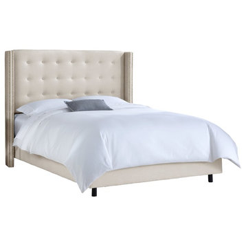 Kerry Queen Nail Button Tufted Wingback Bed, Linen Talc