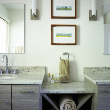 His and Her Sinks with Center Towel Storage