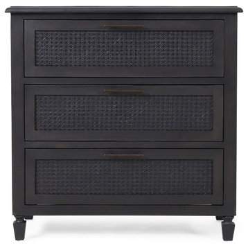 Pollards Rustic Acacia Wood and Cane 3 Drawer Dresser, Dark Gray