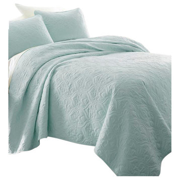 Becky Cameron Premium Ultra Soft Damask Pattern Quilted Coverlet Set, Pale Blue