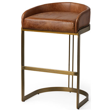 Hollyfield Medium Brown Genuine Leather Seat with Gold Metal Frame Bar Stool