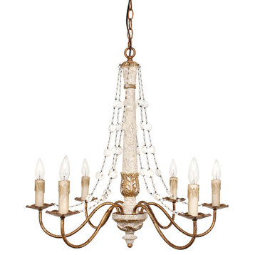 Colette French Country Antique White Wood W/ Gold Accent Crystal Chandelier, 31"