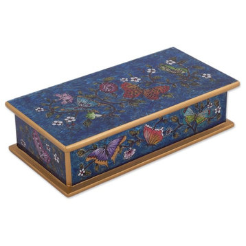 Novica Butterfly Jubilee, Cyan Reverse-Painted Glass Decorative Box
