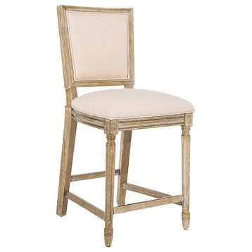French Country Counter Stool, Wood Frame & Padded Linen Seat, Beige
