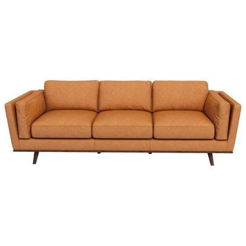 Sienna Mid-Century Cushion Back Genuine Leather Upholstered Sofa in Tan