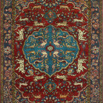 Noori Rug - Fine Vintage Distressed Liza Red/Light Blue Rug, 6'8x9'6 - This Fine Vintage Distressed Liza was hand-knotted by skilled artisans in Pakistan. Featuring a distressed traditional pattern, this premium wool rug features shades of red and lt. blue.