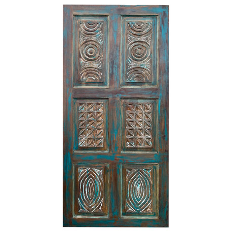 Consigned Sliding Barn Door, Blue Custom Carved Door, Rustic Interior Door 80