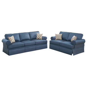 Benzara BM268874 2 Piece Sofa and Loveseat Set With Rolled Arms, Blue