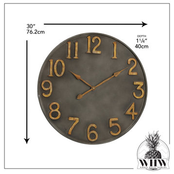 Industrial Metal Wall Clock With Antiqued Raised Numerals, 30"