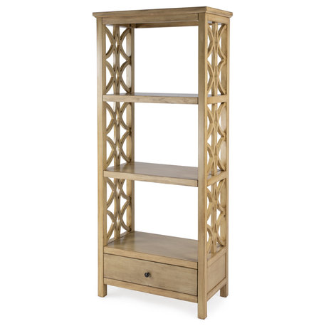 Lorena 30"W 3-Tier Etagere With Storage Drawer, Antique Beige