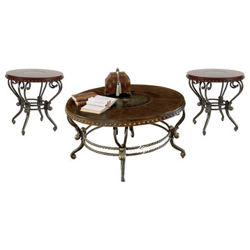3-Piece Jafar Occasional Set Round Cocktail, 2 End Table, Warm Brown