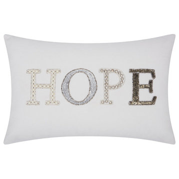 Kathy Ireland Beaded "Hope" White Throw Pillow, 12"x18"