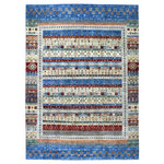 Shahbanu Rugs - Blue Kashkuli Gabbeh Pictorial Pure Wool Hand-Knotted Oriental Rug, 8'8"x12' - This fabulous Hand-Knotted carpet has been created and designed for extra strength and durability. This rug has been handcrafted for weeks in the traditional method that is used to make Rugs. This is truly a one-of-kind piece. Exact Rug Size in Feet and Inches: 8'8" x 12'0", Main Rug Color:  Blue, Rug Border Color: No Border, Other Colors of the Rug: Orange, Green, Ivory, Brown, Red, Rug Pile: Wool, Rug's Foundation: Cotton, Rug Shape: Rectangle, Design: oriental, Weave Type: Hand-Knotted, Category: Tribal & Geometric
