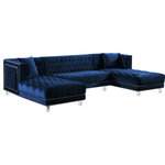Meridian Furniture - Moda Velvet Upholstered 3-Piece Sectional, Navy - Grab a friend and get comfortable on this beautiful Moda navy velvet three-piece sectional sofa. This astounding sectional epitomizes luxurious living and features lots of room for the whole gang to get comfortable. Double chaise lounges on each end gives you space for stretching out for a quick cat nap, while deep tufting adds to the luxurious appeal of this unit. Acrylic lucite legs and a sturdy frame make this sectional a durable addition to your living room or den, while the included pillows give a homey slant to an otherwise uber contemporary sectional.